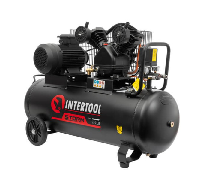 Компресор 100 л, 3 кВт, 380 В, 10 aтм, 500 л/хв., 2 циліндри INTERTOOL PT-0013