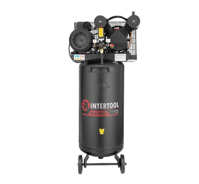 Компрессор 100 л, вертикальный, 3 кВт, 220 В, 10 атм, 500 л/мин. 2 цилиндра INTERTOOL PT-0017