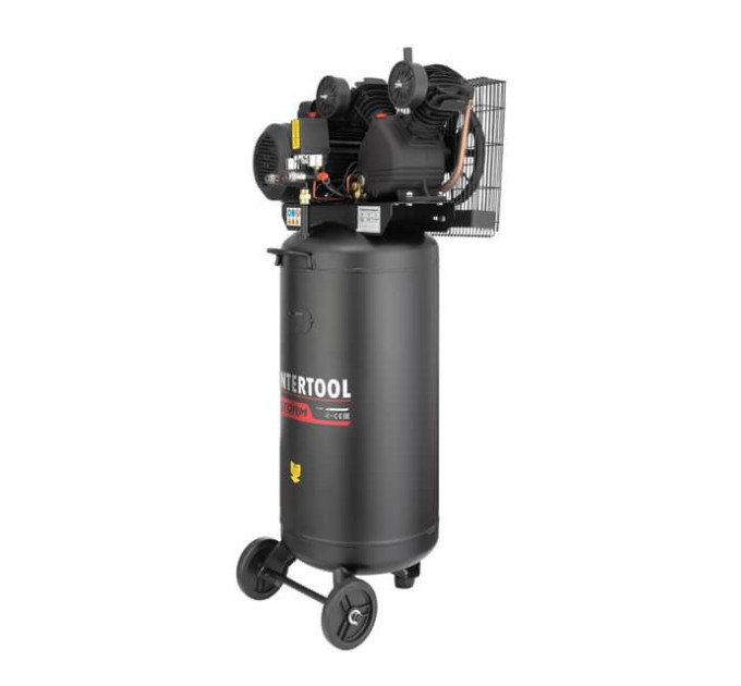 Компрессор 100 л, вертикальный, 3 кВт, 220 В, 10 атм, 500 л/мин. 2 цилиндра INTERTOOL PT-0017