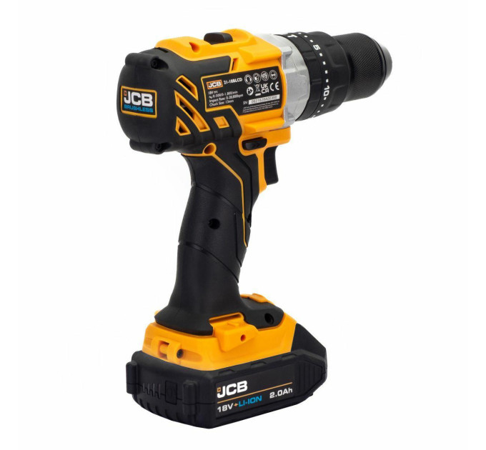 Дриль-шуруповерт акумуляторний (JCB-BLCD-BE) 18V, max 65Nm в комплекті із зарядним пристроєм (JCB-18VFC-E) 2.4A та батареєю акумуляторною (JCB-20LI-E) 2.0AH JCB-18BLCD-2XB-E