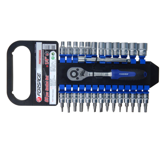 Набір головок і біт з тріскачкою 28пр. 1/4'' (4-14мм; Torx:T10-T30; Hex:3-6мм; Slotted:SL4.5-SL7; Philips: PH1-PH2) Forsage F-027-5 MSA
