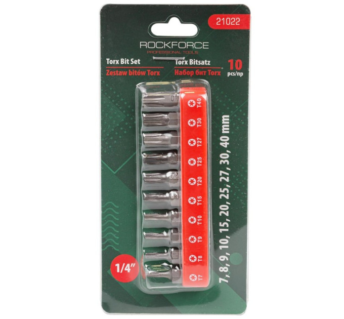 Набір біт 10пр. 1/4" Torx (T10, T15, T20, T25, T27, T30, T40, T7, T8, T9; L-25мм) ROCKFORCE RF-21022