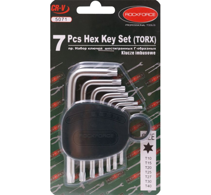 Набір ключів TORX Г-подібних, 7 предметів (Т10,Т15,Т20,Т25,Т27,Т30,Т40) в пластиковому тримачі ROCKFORCE RF-5071