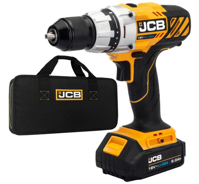 Дриль-шуруповерт акумуляторний (JCB-18DD-BE) 18V, max 45Nm в комплекті із зарядним пристроєм (JCB-18VFC-E) 2.4A та батареєю акумуляторною (JCB-20LI-E) JCB-18DD-2X-E