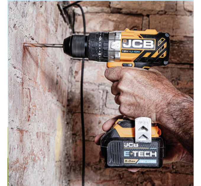 Дриль-шуруповерт акумуляторний (JCB-BLCD-BE) 18V, max 65Nm в комплекті із зарядним пристроєм (JCB-18VFC-E) 2.4A та батареєю акумуляторною (JCB-20LI-E) 2.0AH JCB-18BLCD-2XB-E