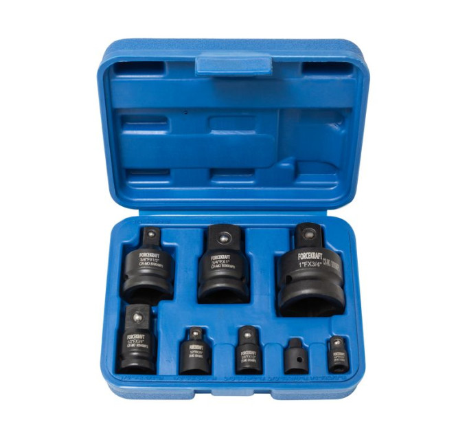 Набор ударных адаптеров 8пр.(1/4(F)x3/8"(M),3/8(F)x1/4"(M),3/8(F)x1/2"(M),1/2(F)x3/8 "(M),1/2(F)x3/4"(M),3/4(F)x1/2"(M),3/4(F)x1"(M),1(F)x3/4"(M)в кейсе FORCEKRAFT FK-4089MPB