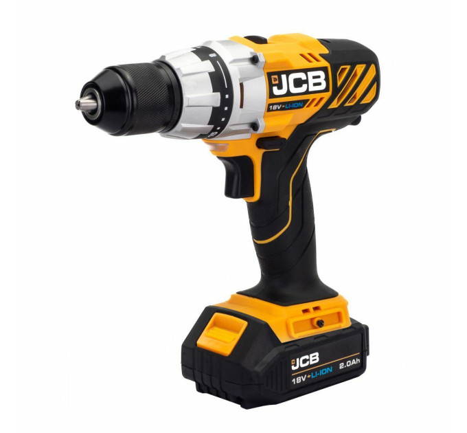 Дриль-шуруповерт акумуляторний (JCB-18DD-BE) 18V, max 45Nm в комплекті із зарядним пристроєм (JCB-18VFC-E) 2.4A та батареєю акумуляторною (JCB-20LI-E) JCB-18DD-2X-E