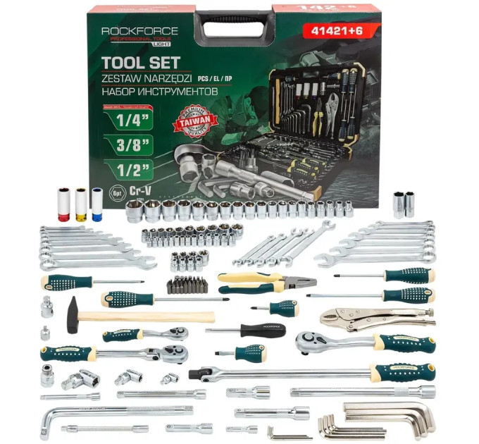 Набір інструментів 142+6 предмета 1/2", 3/8", 1/4" Rockforce RF-41421+6