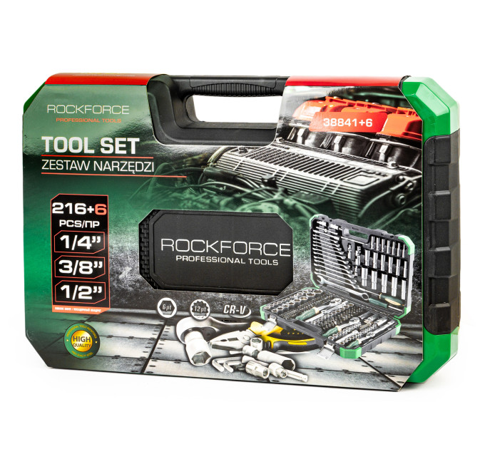 Набір інструментів 216+6пр. 1/4" 3/8" 1/2" (6гр,12гр) Rockforce RF-38841+6