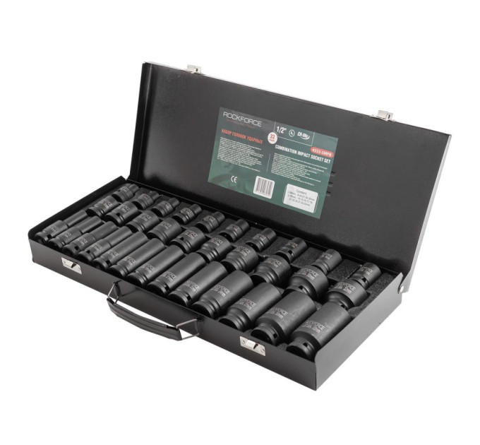 Набор ударных головок 1/2'' 33пр. (6гр.)(L-38мм:8-24,27,30,32мм, L-78мм:10,12-15,17,19,21,22,24,27,30,32мм)в металл кейсе