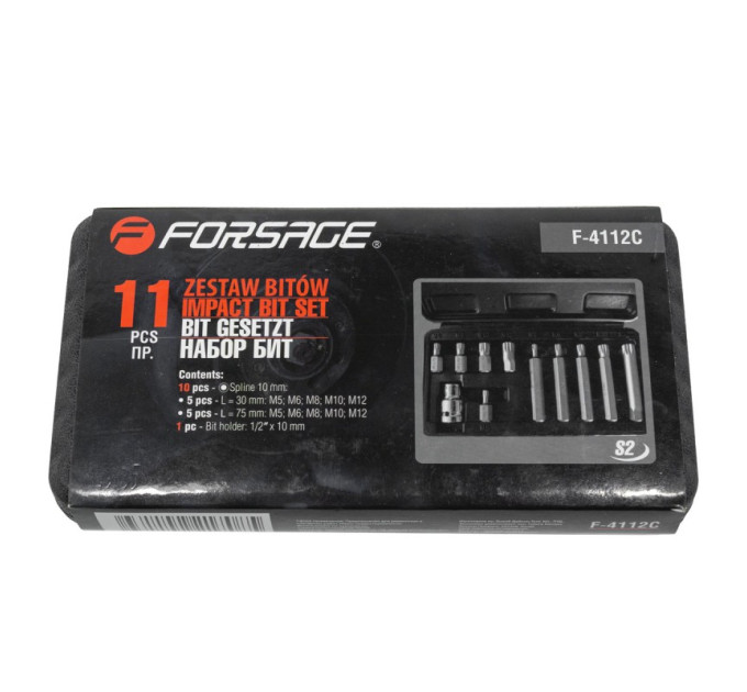 Набір біт SPLINE з бітотримач, 11пр. 1/2 "( L : 30 / 75мм; M5, М6, М8, М10, M12) Forsage F-4112C