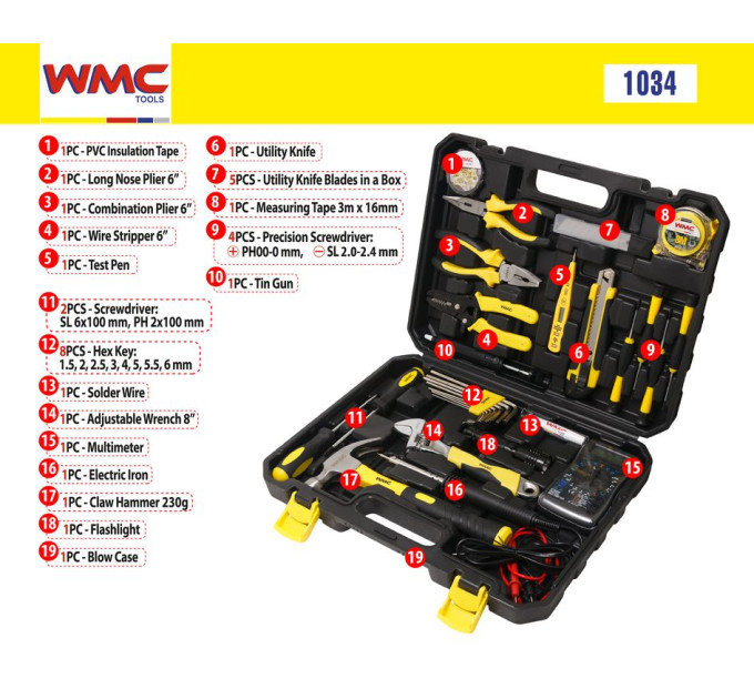 Набір інструментів 34 предмети для електрика WMC TOOLS 1034