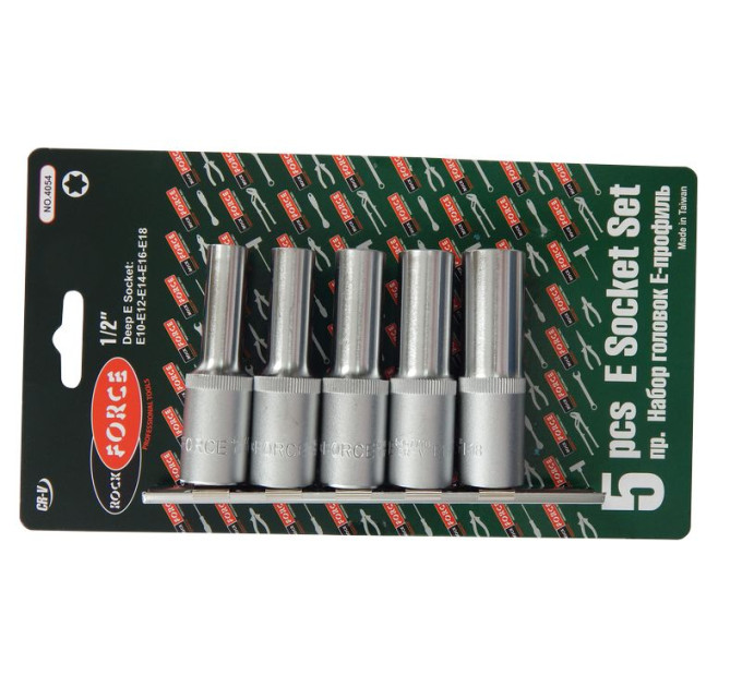 Головки глубокие Е-профиль, набор 5пр., 1/2” (Е10, E12, E14, E16, E18) на планке
