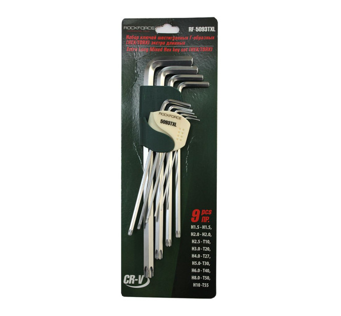 Набір ключів шестигранних 9пр. HEX/TORX, екстрадовгих (Hex: 1.5, 2, 2.5, 3, 4, 5, 6, 8, 10, Torx: T10, T20, T27, T30, T40, T50, T55) ROCKFORCE RF-5093TXL