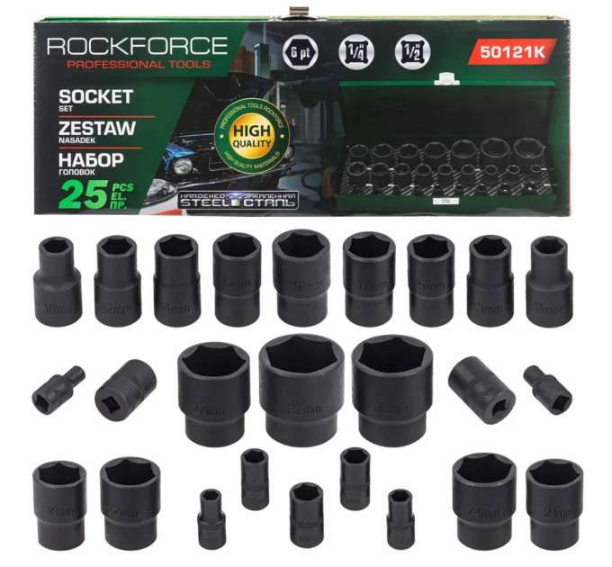 Набір ударних головок 1/4'', 1/2'', 25 предметів (6гр.) ROCKFORCE RF-50121K