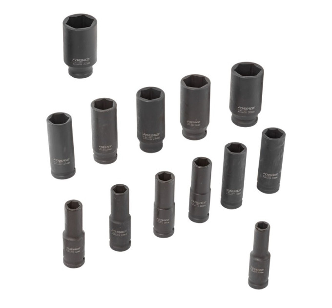 Набор головок ударных глубоких 13 предметов, 1/2'' (10, 12-15, 17, 19, 21, 22, 24, 27, 30, 32мм), на пластиковом держателе Forsage F-4137MPB