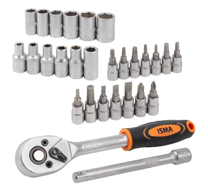 Набор головок и бит с трещоткой 28пр. 1/4'' (4-13мм; Torx:T10-T30; Hex:H3-H6; Slotted:SL4.5-SL7; Philips: PH1-PH2) IS-2028-5