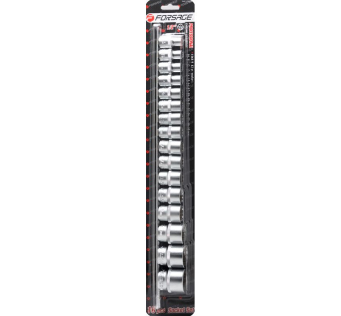 Набір головок 1/2'' 12гр. 16пр. (10-19,21,22,24,27,30,32мм) на планці