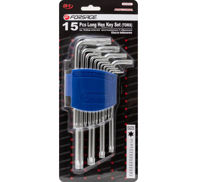 Набір ключів Г-подібних TORX довгих, 15пр. (Т6, Т7, Т8, Т9, Т10, Т15, Т20, Т25, Т27, T30, T40, T45,