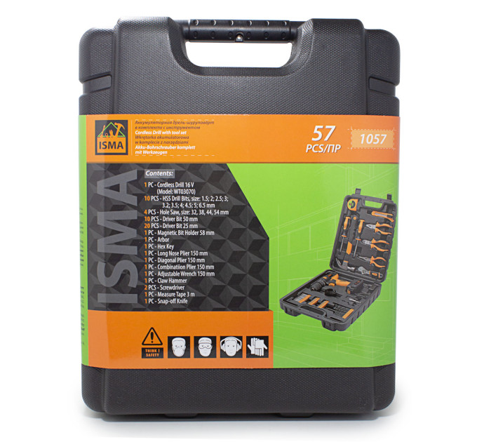 Набір інструментів з акумуляторним шуруповертом 57пр.(12V, 1.3Ah) ISMA IS-1057