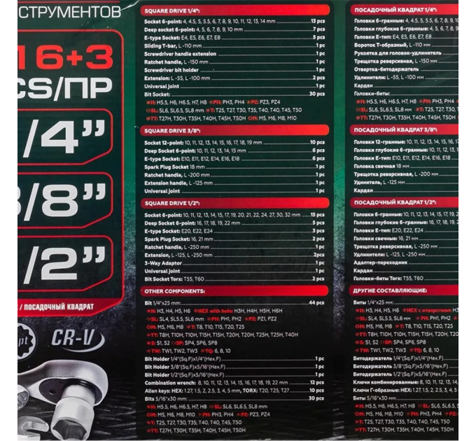 Набір інструментів 216+3пр. 1/4'',3/8'',1/2''(6гр., 12гр.)(4-32мм) ROCKFORCE RF-38841+3