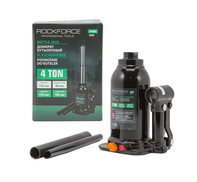 Домкрат пляшковий 4т (170-410мм) двоштоковий з клапаном ROCKFORCE RF-TF0402