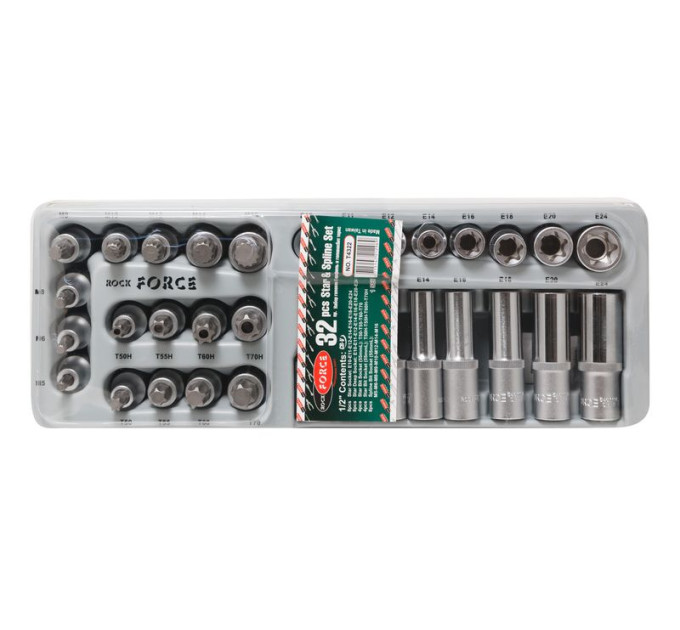 Набір головок 32пр. Е-профіль і біт-насадок TORX 32пр. (Е10-Е24, M5-M6,T50-Т70, T50H-T40H) в ложементі ROCKFORCE RF-T4322