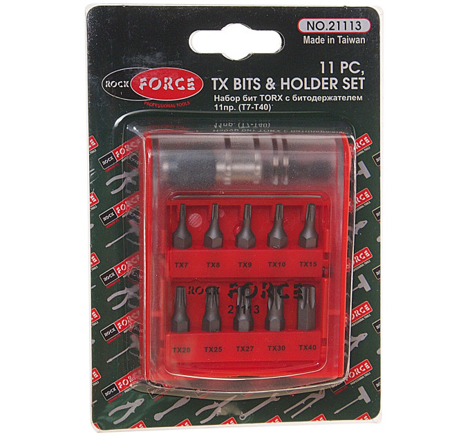 Набір біт 11пр. 1/4" Torx з бітотримачем (T10, T15, T20, T25, T27, T30, T40, T7, T8, T9; L-25мм) ROCKFORCE RF-21113