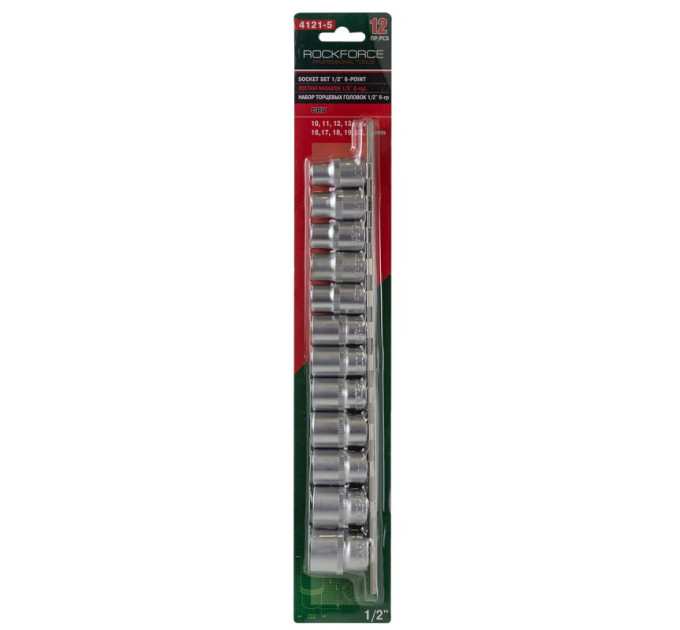 Набор головок 1/2" 12 пр. (6гр. – 10-19, 22, 24мм) на планке ROCKFORCE RF-4121-5