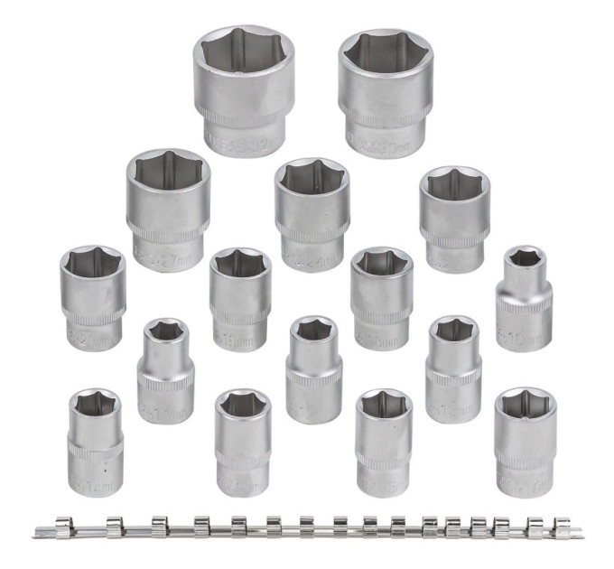 Набор головок 1/2" 6гр. 16пр. (10-19,21,22,24,27,30,32мм) на планке ROCKFORCE RF-4161-5