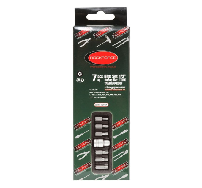 Набір біт TORX з отвором і бітотримачем, 7пр.1/2 (L: 30мм; Т25, Т30, Т40, Т45, Т50, Т55), в ложемент