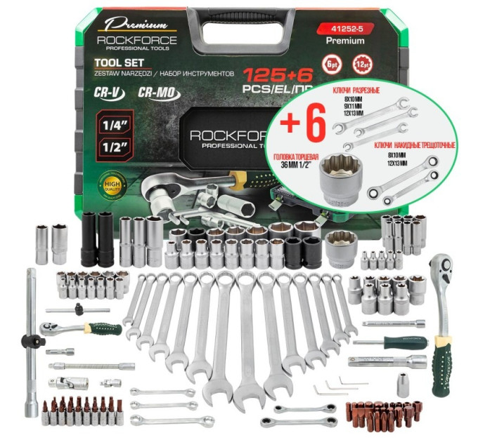 Набор инструментов 125+6пр. 1/4'', 1/2'' (6гр.) ROCKFORCE RF-41252-5 Premium