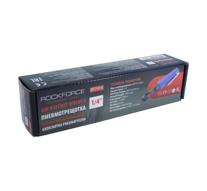 Пневмотріскачка з прогумованою рукояткою 36Нм, 1/4'' (споживання 77л/хв, 240 об/хв, L-200мм, 6.3Bar) ROCKFORCE RF-RP7414