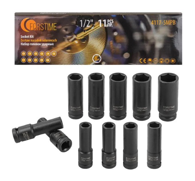 Набір головок ударних 11пр. 1/2" 6-гранна (10-24мм) FORSTIME FT-4117-5MPB