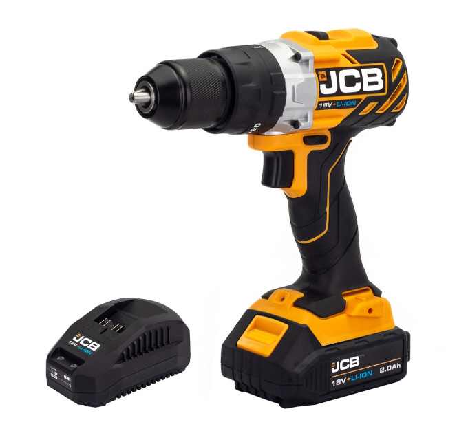 Дриль-шуруповерт акумуляторний (JCB-BLCD-BE) 18V, max 65Nm в комплекті із зарядним пристроєм (JCB-18VFC-E) 2.4A та батареєю акумуляторною (JCB-20LI-E) 2.0AH JCB-18BLCD-2XB-E