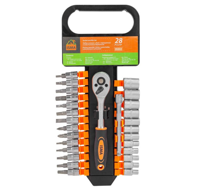 Набор головок и бит с трещоткой 28пр. 1/4'' (4-13мм; Torx:T10-T30; Hex:H3-H6; Slotted:SL4.5-SL7; Philips: PH1-PH2) IS-2028-5