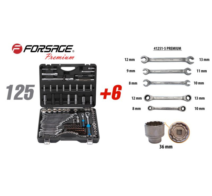 Набір інструментів 125 + 6пр.1 / 4 "1/2" (6-гран.) (4-36мм, 36-12гр.) + (ключі трещеточний: 8х10,12х