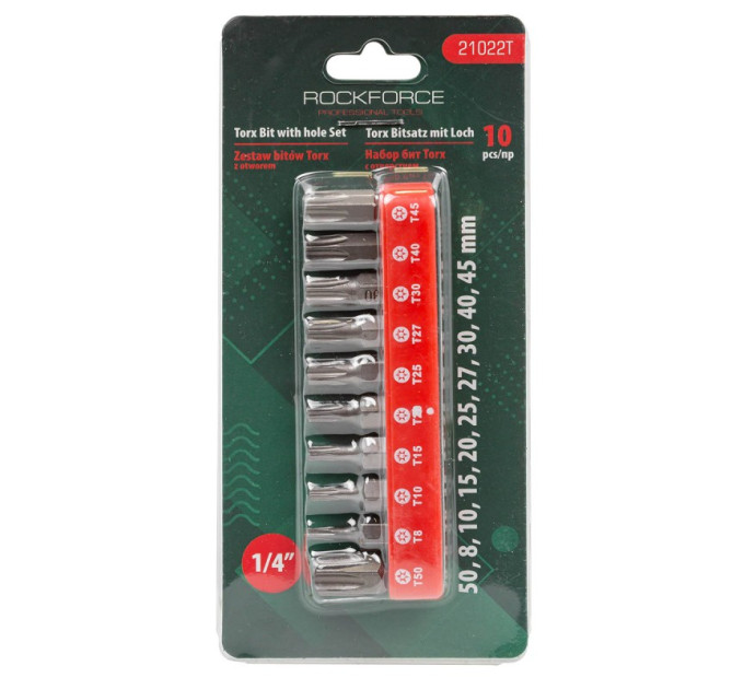 Набір біт 10пр. 1/4" Torx з отвором (T10H, T15H, T20H, T25H, T27H, T30H, T40H, T7H, T8H, T9H; L-25мм) ROCKFORCE RF-21022T