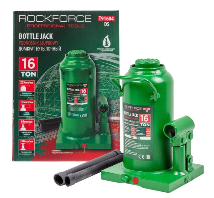 Домкрат пляшковий 16т (205-390мм) з клапаном ROCKFORCE RF-T91604DS