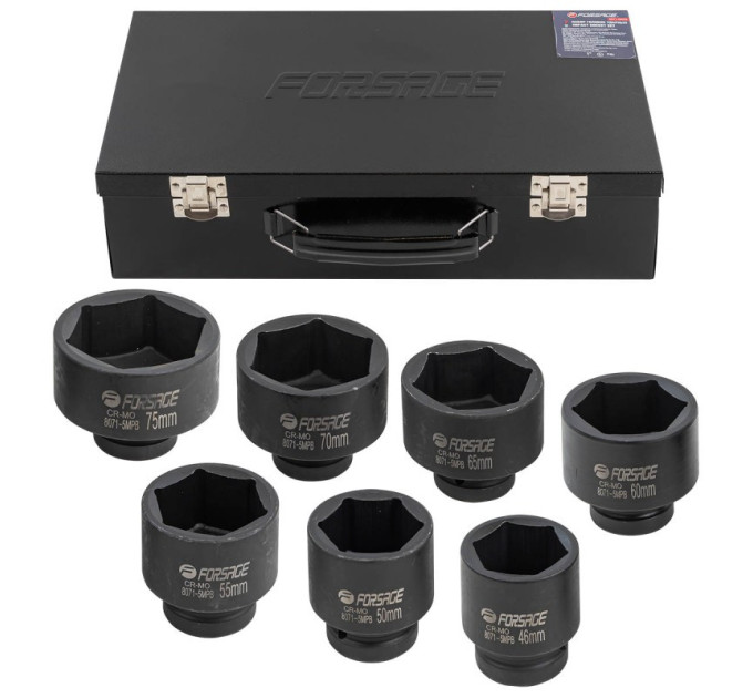 Набір ударних головок 1'' 7 предметів (6 граней) (46,50,55,60,65,70,75мм) Forsage F-8071-5MPB