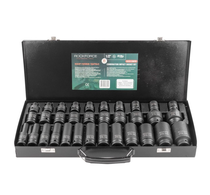 Набор ударных головок 1/2'' 33пр. (6гр.)(L-38мм:8-24,27,30,32мм, L-78мм:10,12-15,17,19,21,22,24,27,30,32мм)в металл кейсе