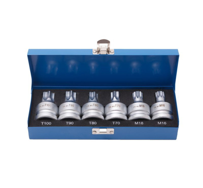 Набір головок Torx, Spline з отвором 3/4" 6пр.(Т70, Т80, Т90, Т100, М16, М18), в кейсі