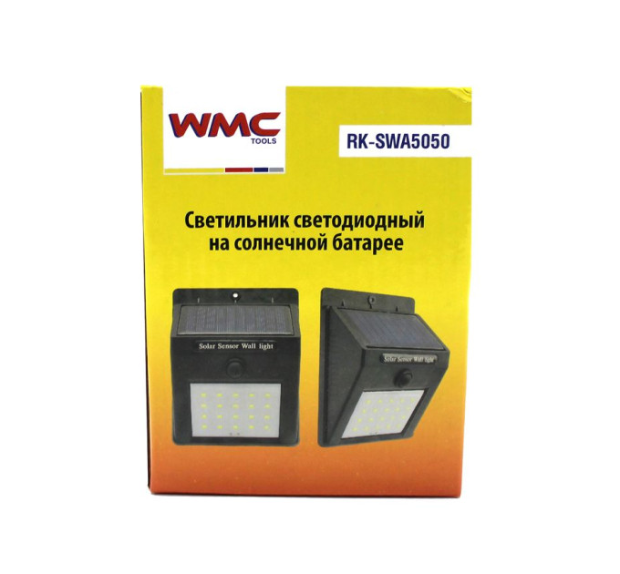 Світильник світлодіодний на сонячній батареї з датчиком руху (5.5V,0.55W,18650Li,3.7V,1500mAh,20SMD 2835Led,6500К,раб. час8-10ч,заряд.4-6ч,IP44) WMC TOOLS WT-RK-SWB5060-PIR