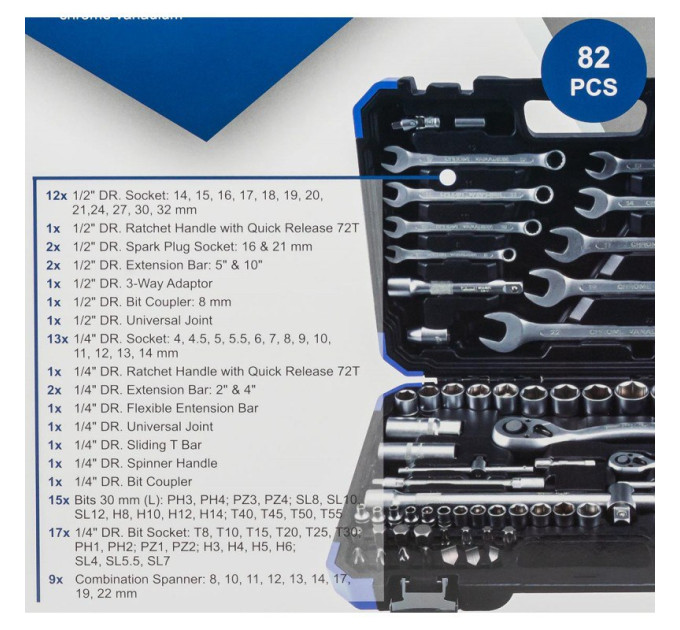 Набір інструментів 82 предмети 1/2'', 1/4'' (6гр.) (4-32мм) SCHEPPACH SCH-4821-5