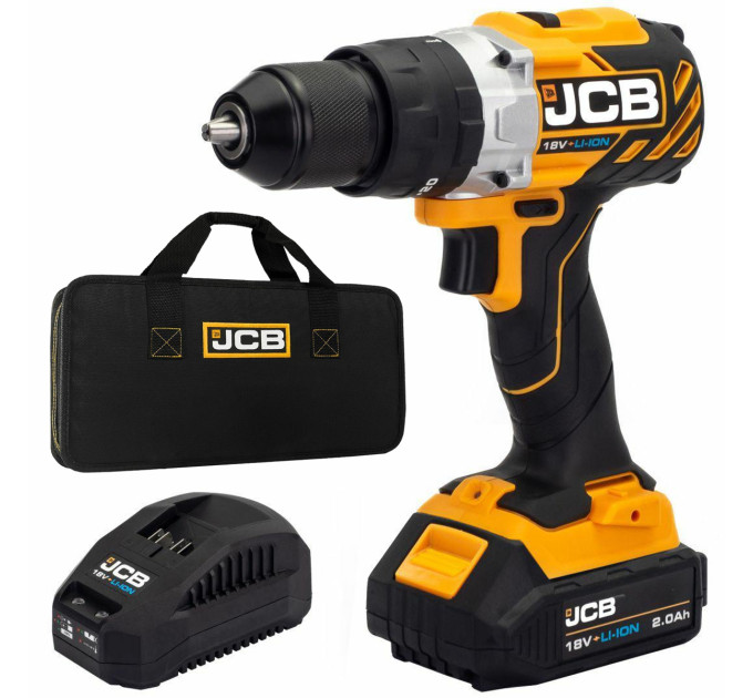 Дриль-шуруповерт акумуляторний (JCB-BLCD-BE) 18V, max 65Nm в комплекті із зарядним пристроєм (JCB-18VFC-E) 2.4A та батареєю акумуляторною (JCB-20LI-E) 2.0AH JCB-18BLCD-2XB-E