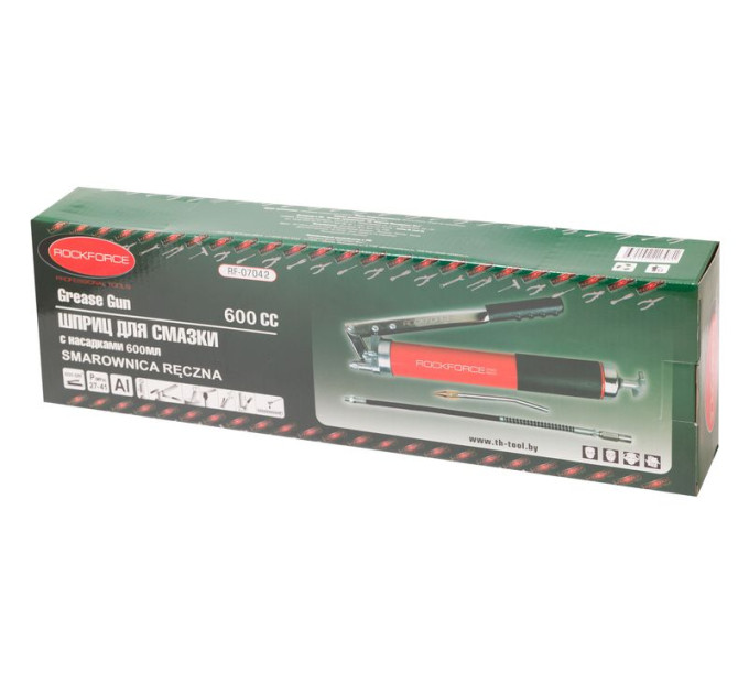 Шприц для нагнітання густого мастила ручний 600мл у комплекті з жорстким (L-140мм) та гнучким (L-300мм) наконечниками (2 штоки, під тубу) ROCKFORCE RF-07042