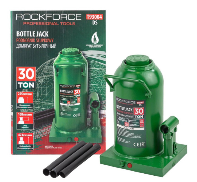 Домкрат пляшковий 30т (255-423мм) ROCKFORCE RF-T93004
