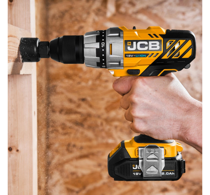 Дриль-шуруповерт акумуляторний (JCB-18DD-BE) 18V, max 45Nm в комплекті із зарядним пристроєм (JCB-18VFC-E) 2.4A та батареєю акумуляторною (JCB-20LI-E) JCB-18DD-2X-E