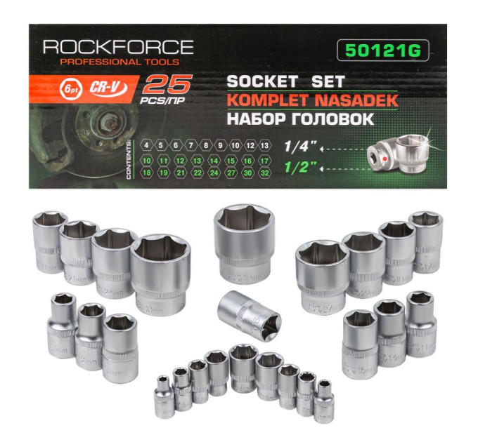 Набор головок 1/4'', 1/2'', 25 предметов (6гр.) ROCKFORCE RF-50121G