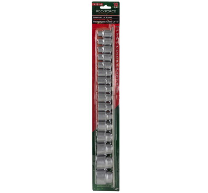 Набор головок 1/2" 6гр. 16пр. (10-19,21,22,24,27,30,32мм) на планке ROCKFORCE RF-4161-5